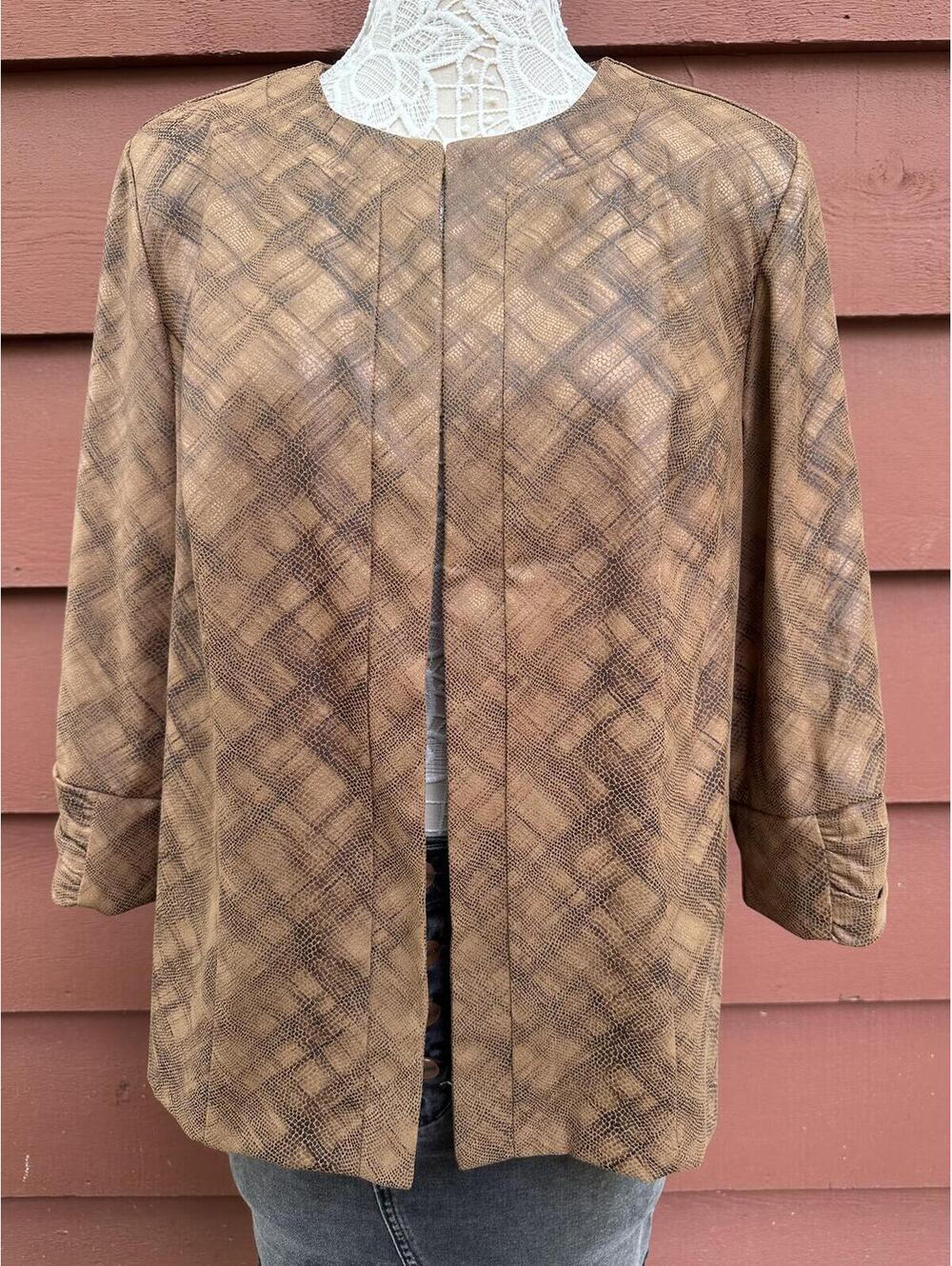 Dressbarn Brown Plaid Jacket Vintage Y2K Inspired Open Front Blazer